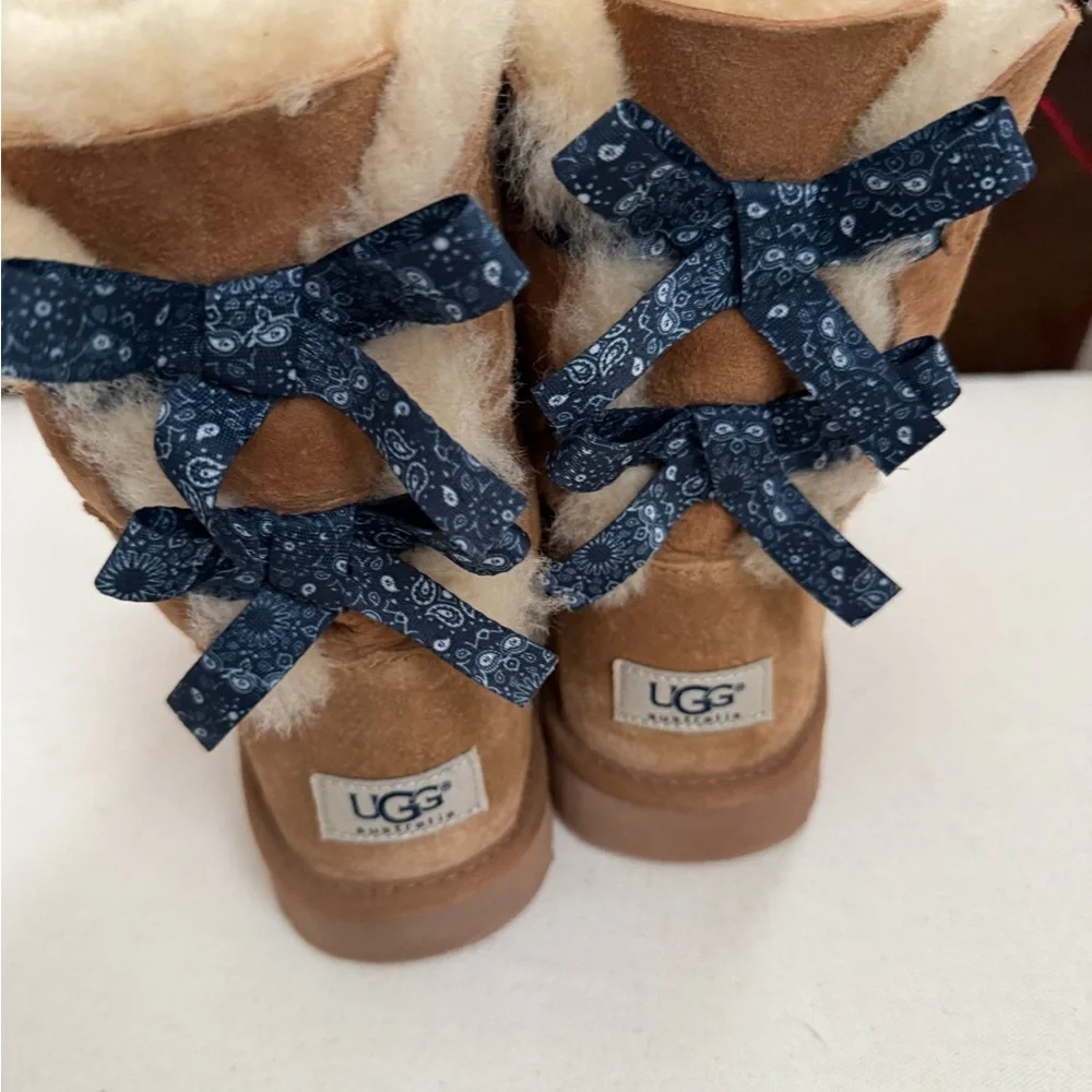 UGG Tan Boots with Navy Bows